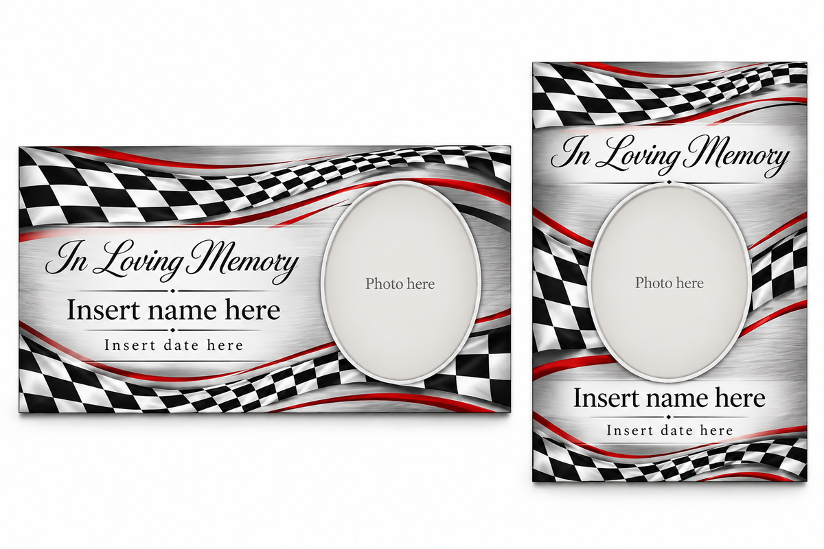 Racing Checkered Flag matching lid panel and portrait board with photo, name, and date placeholders.