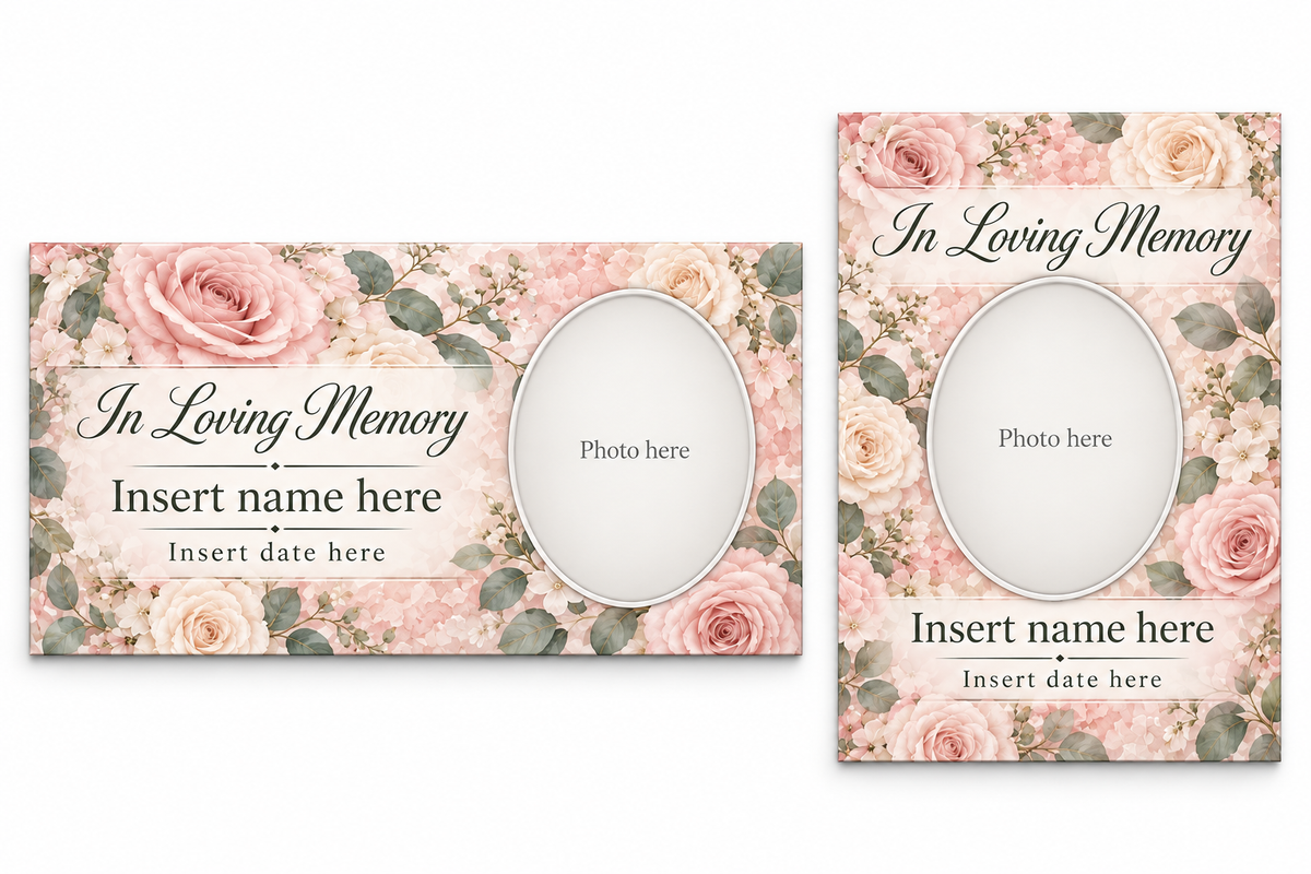Rosewater Botanical matching lid panel and portrait board with photo, name, and date placeholders.