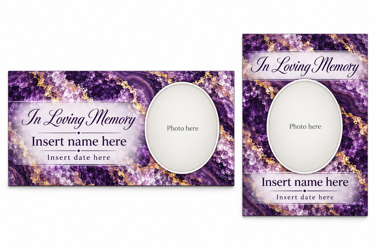 Royal Amethyst matching lid panel and portrait board with photo, name, and date placeholders.