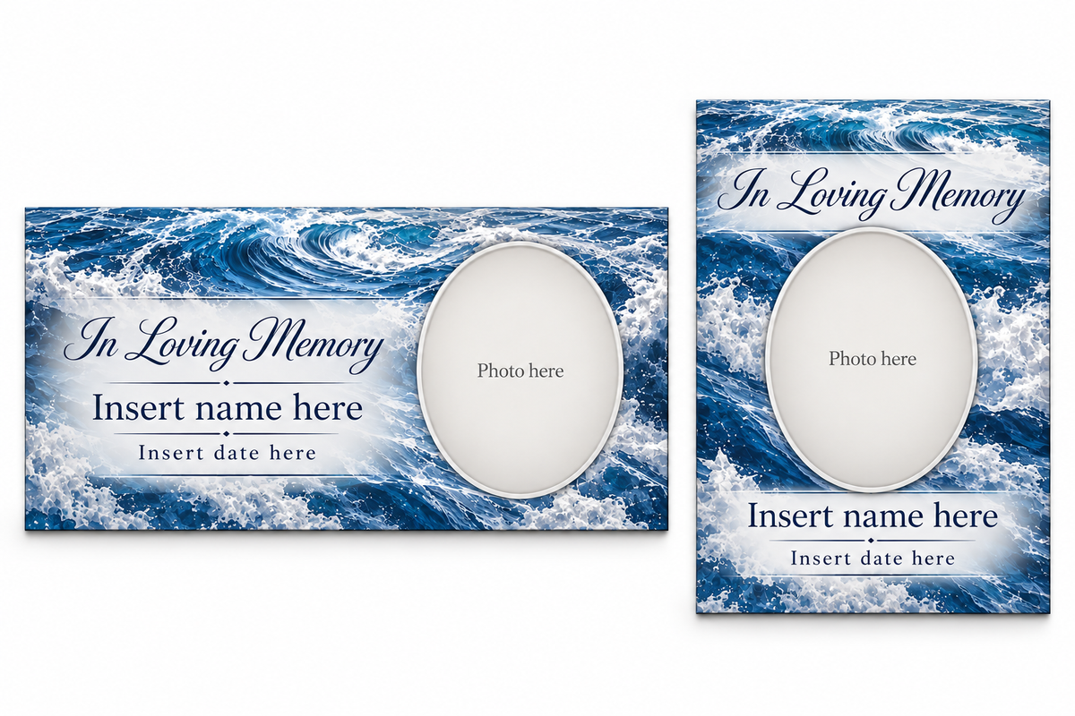 Silver Tide matching lid panel and portrait board with photo, name, and date placeholders.