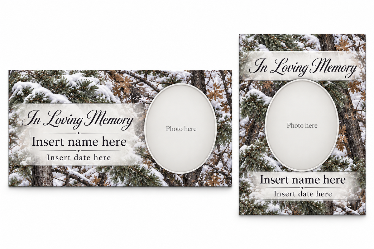 Snow Camouflage matching lid panel and portrait board with photo, name, and date placeholders.