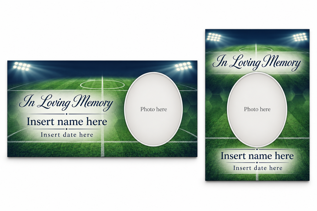 Soccer Stadium matching lid panel and portrait board with photo, name, and date placeholders.