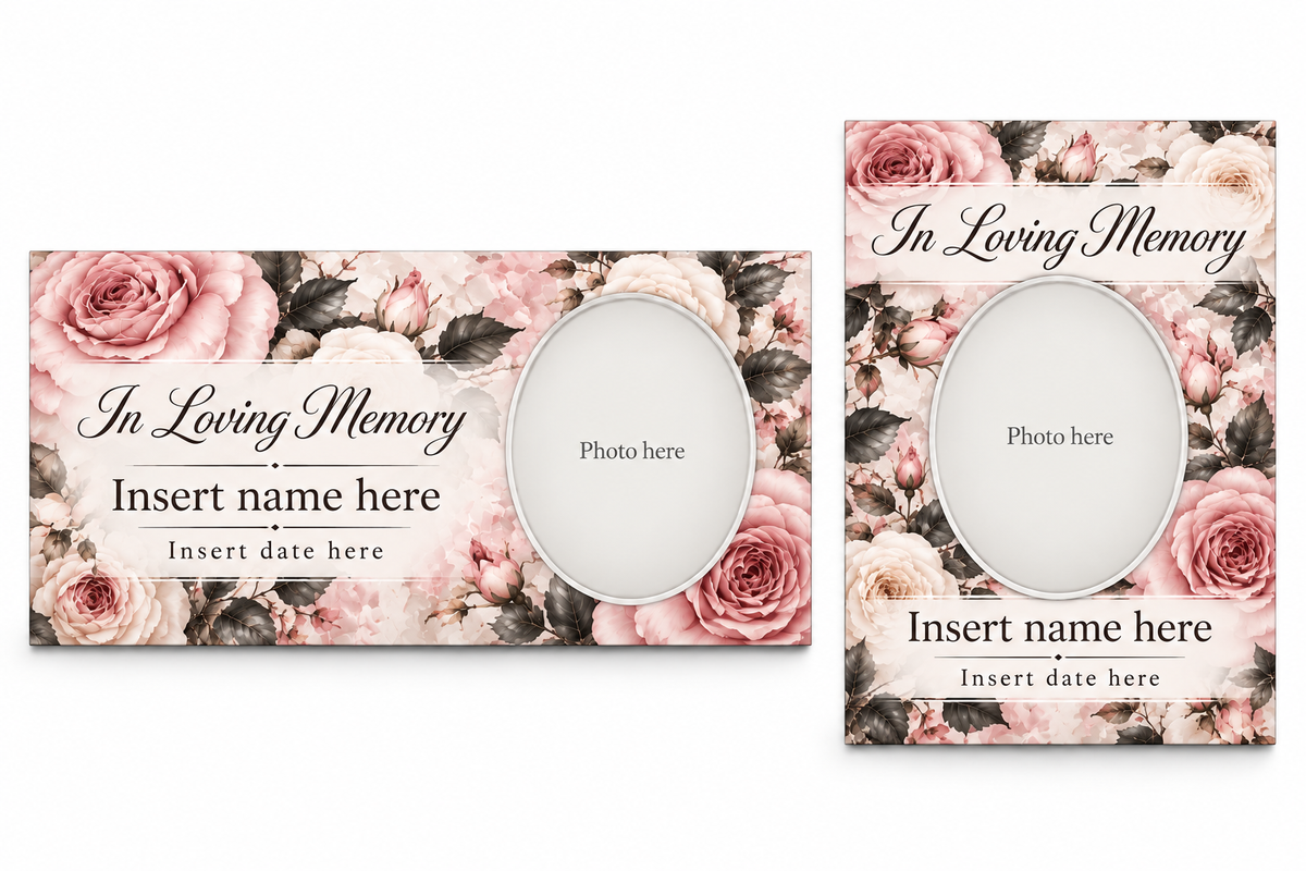 Soft Blush Rose matching lid panel and portrait board with photo, name, and date placeholders.