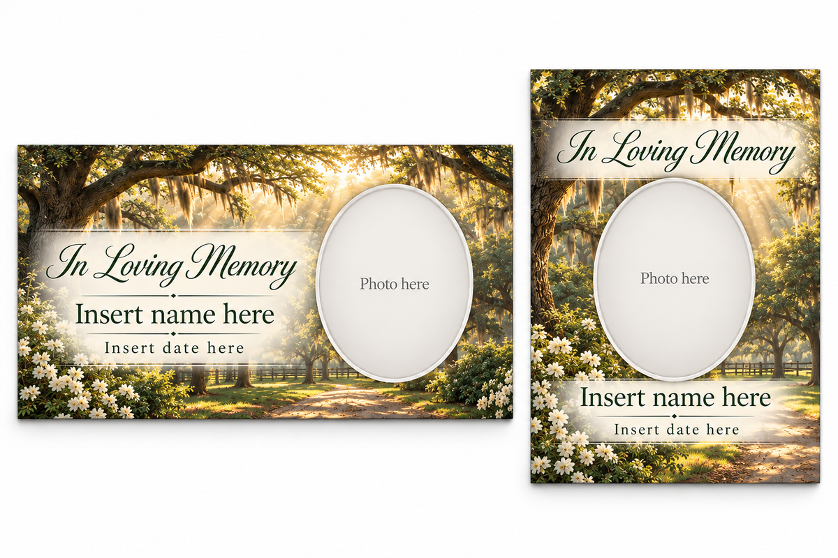 Southern Live Oak matching lid panel and portrait board with photo, name, and date placeholders.