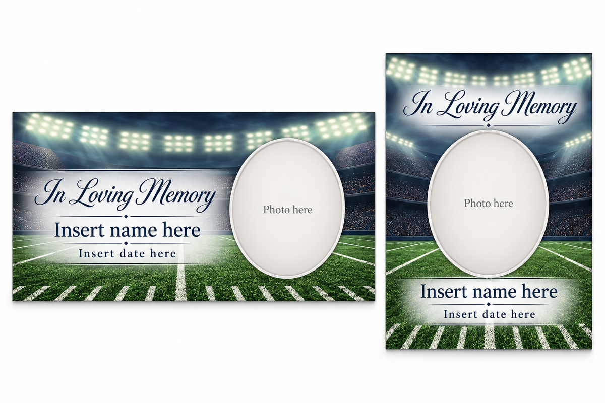 Stadium Football matching lid panel and portrait board with photo, name, and date placeholders.