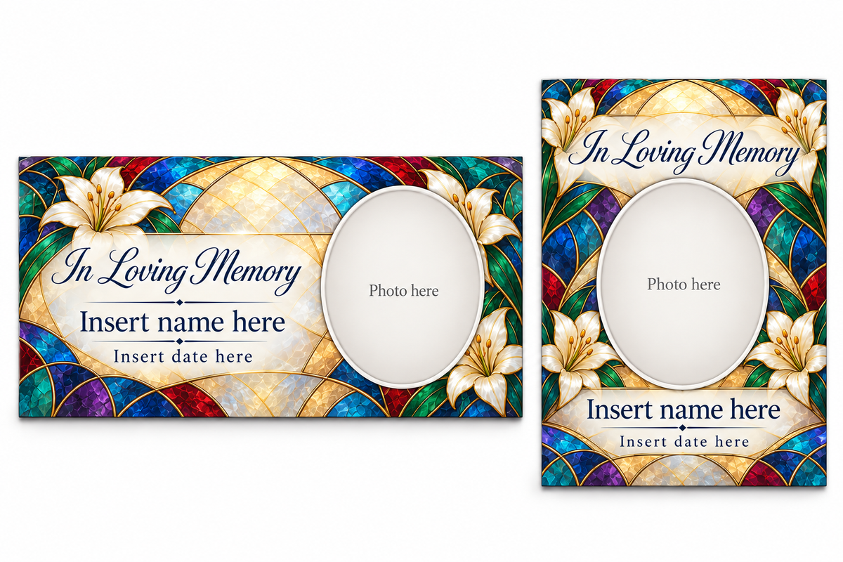 Stained Glass Grace matching lid panel and portrait board with photo, name, and date placeholders.