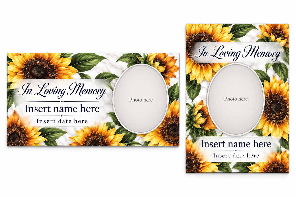 Sunflower matching lid panel and portrait board with photo, name, and date placeholders.