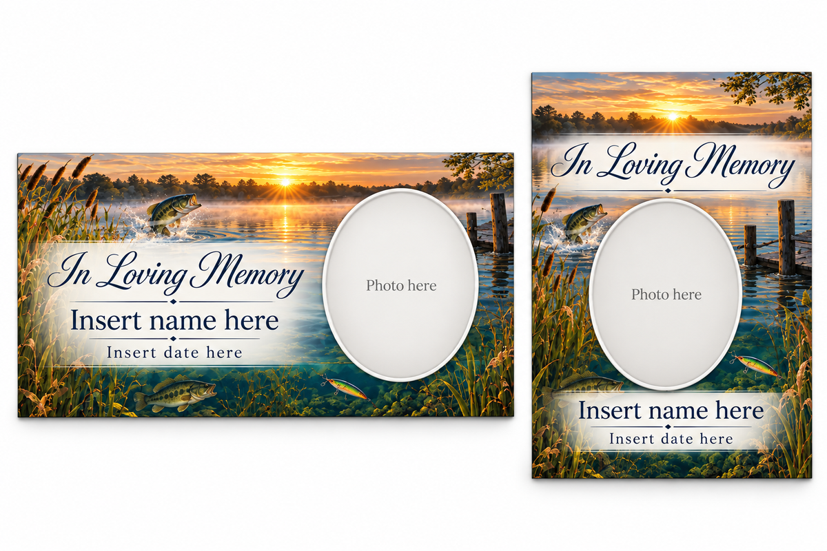Sunrise Fishing matching lid panel and portrait board with photo, name, and date placeholders.