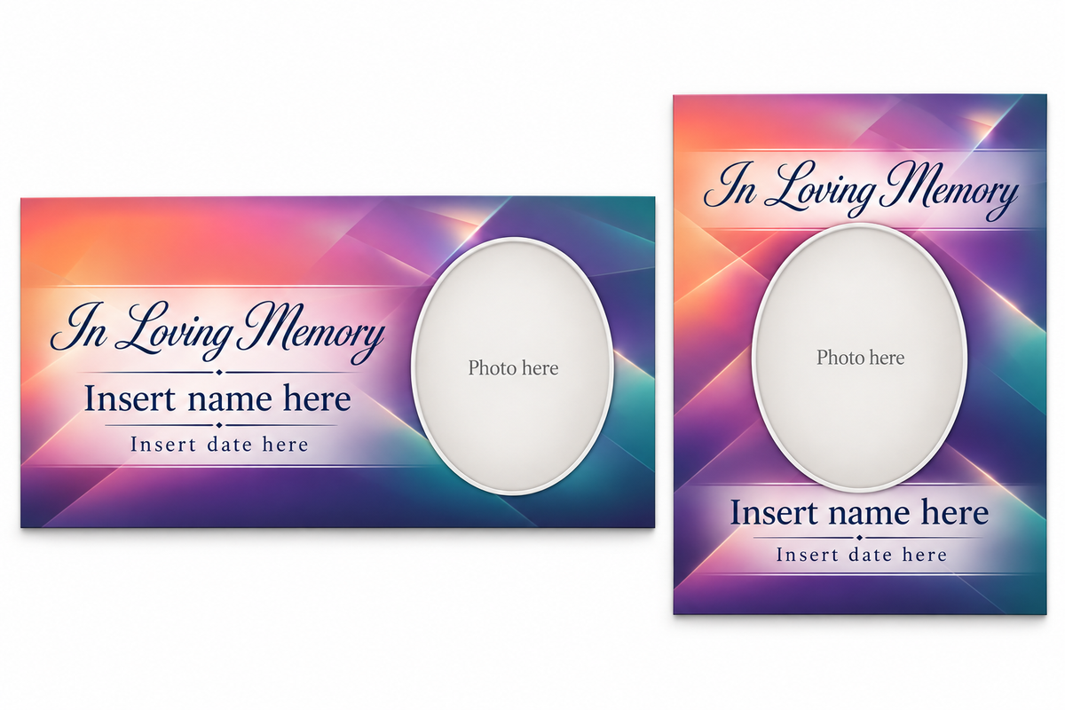 Sunset Prism Gradient matching lid panel and portrait board with photo, name, and date placeholders.