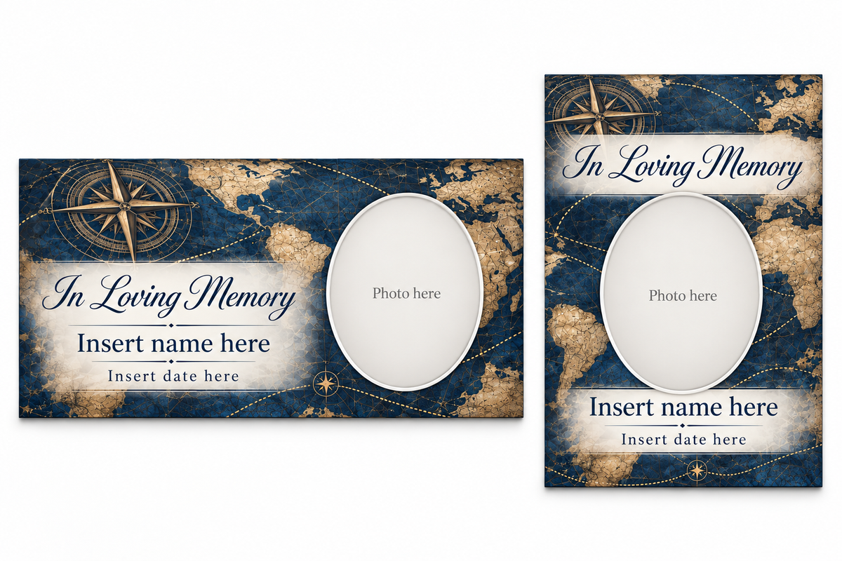 Traveler’s Compass matching lid panel and portrait board with photo, name, and date placeholders.
