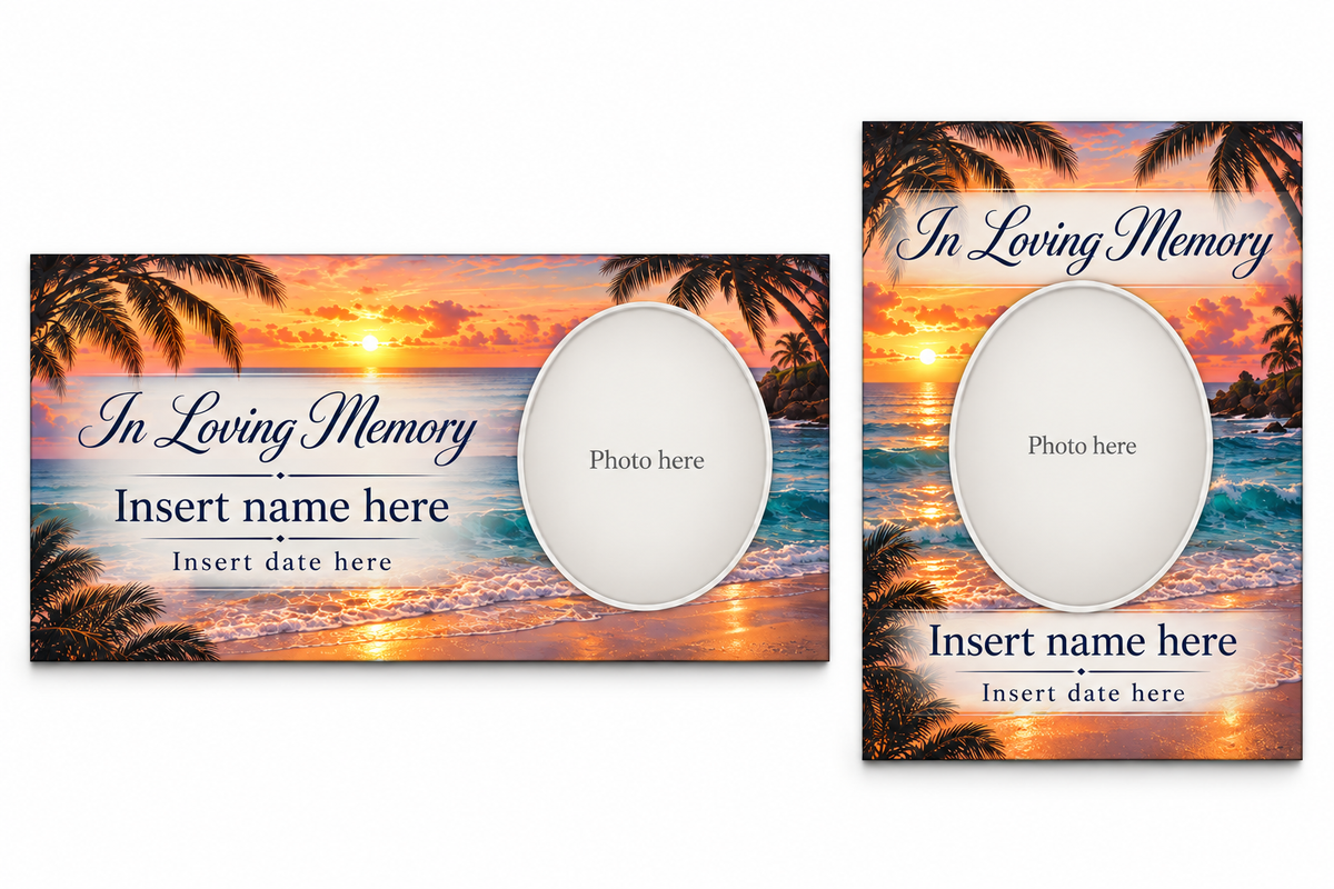 Tropical Sunset matching lid panel and portrait board with photo, name, and date placeholders.