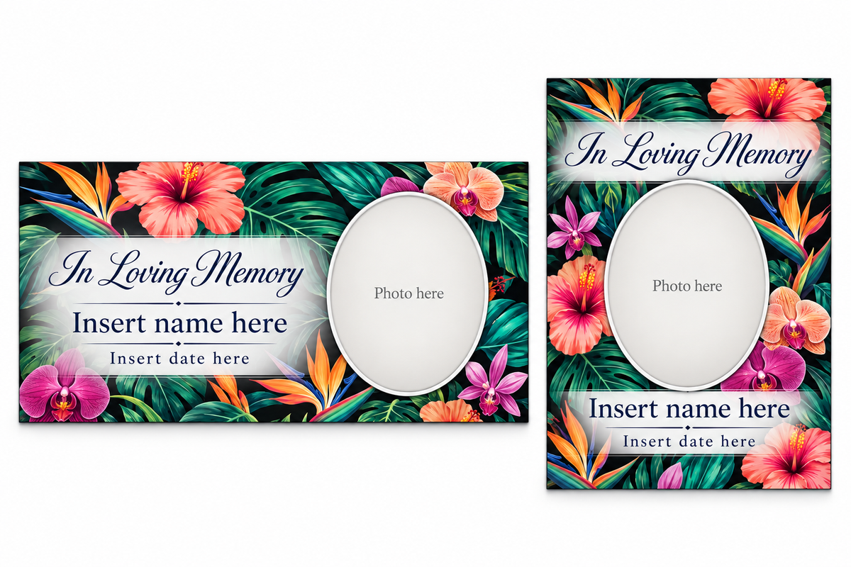Vibrant Tropical Floral matching lid panel and portrait board with photo, name, and date placeholders.