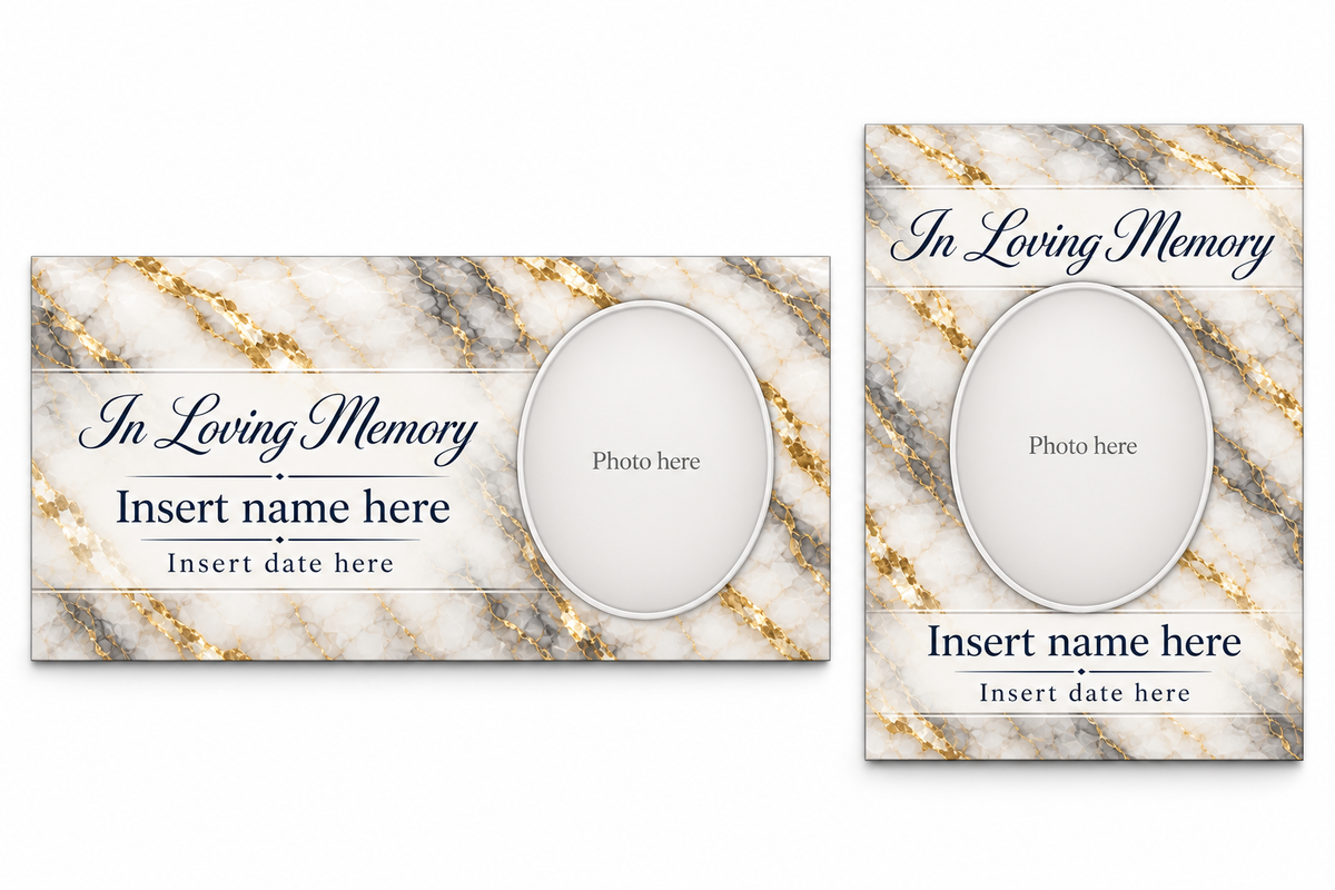White Gold Marble matching lid panel and portrait board with photo, name, and date placeholders.