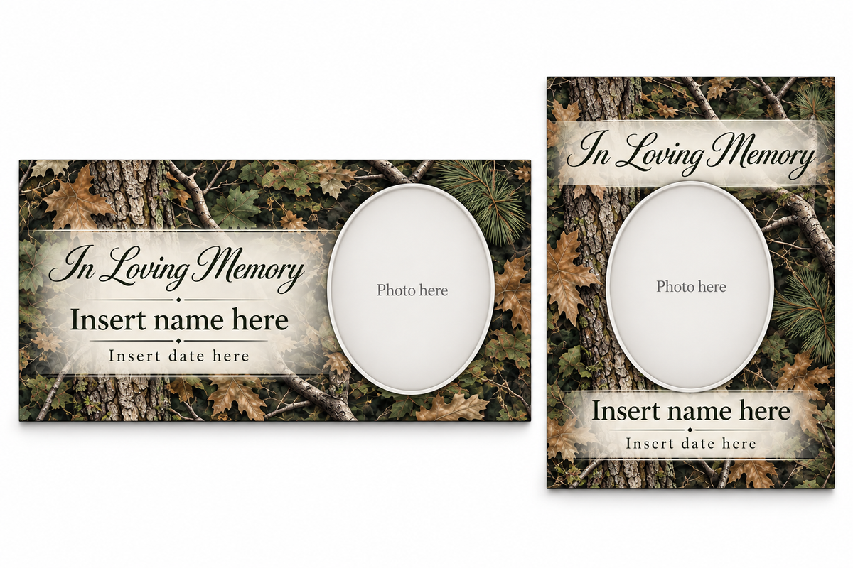 Woodland Camouflage matching lid panel and portrait board with photo, name, and date placeholders.