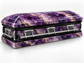 Amethyst Geode printed wrap kit — digital casket rendering with visible chrome handles; casket and installation not included.