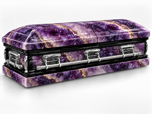 Amethyst Geode printed wrap kit — digital casket rendering with visible chrome handles; casket and installation not included.