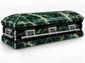 Emerald Marble printed casket wrap kit digital studio rendering with chrome handles; casket and installation not included.