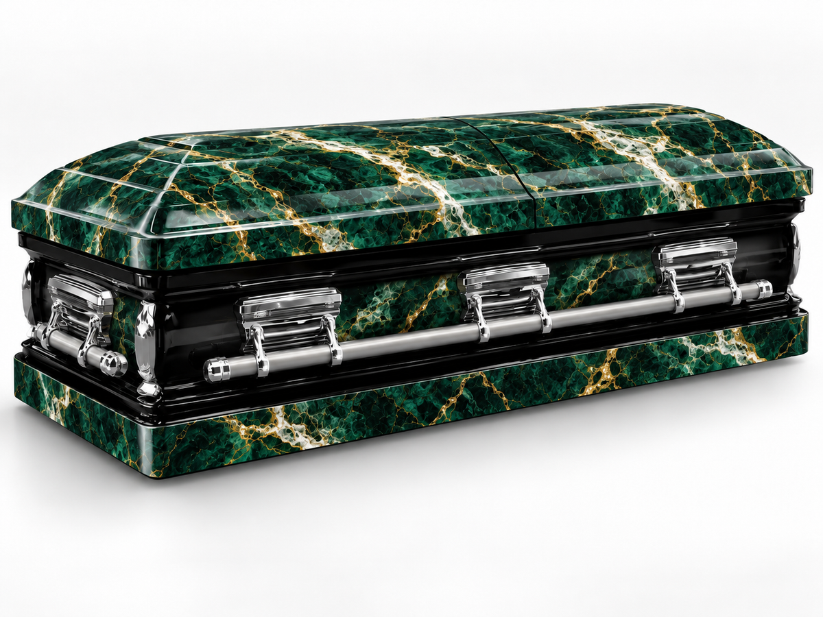 Emerald Marble printed casket wrap kit digital studio rendering with chrome handles; casket and installation not included.