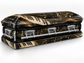 Golden Music printed casket wrap kit digital studio rendering with chrome handles; casket and installation not included.