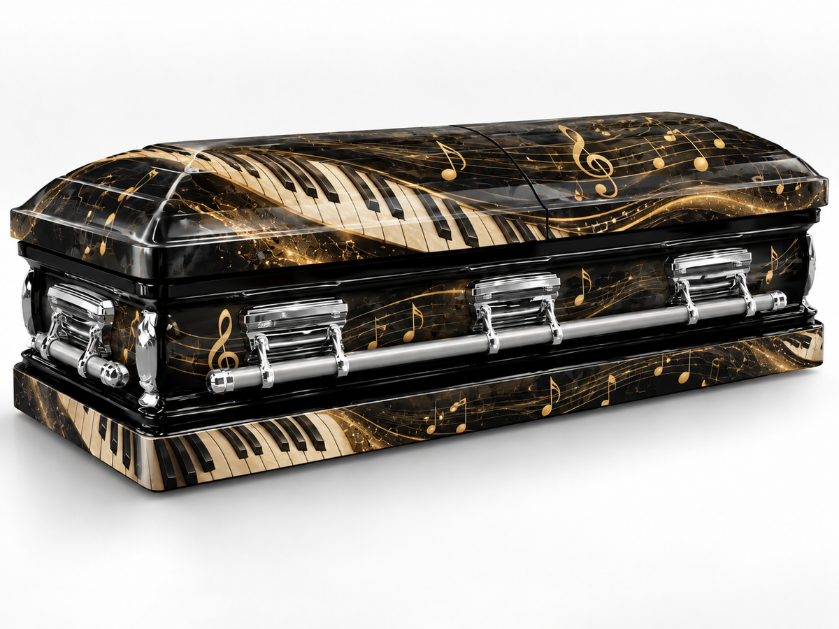Golden Music printed casket wrap kit digital studio rendering with chrome handles; casket and installation not included.