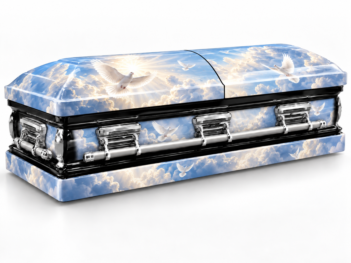 Dove in the Clouds printed casket wrap kit digital studio rendering; casket and installation not included.