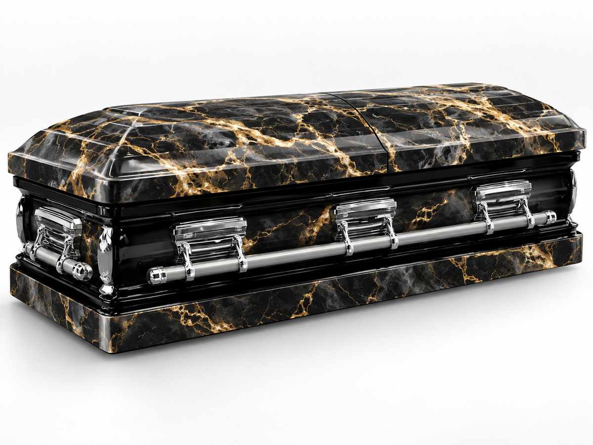 Black Gold Marble printed casket wrap kit digital studio rendering; casket and installation not included.