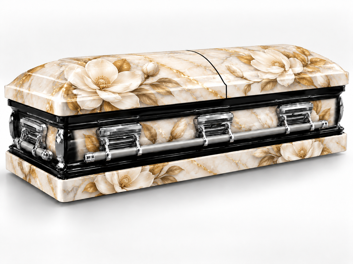 Magnolia Marble printed casket wrap kit digital studio rendering; casket and installation not included.