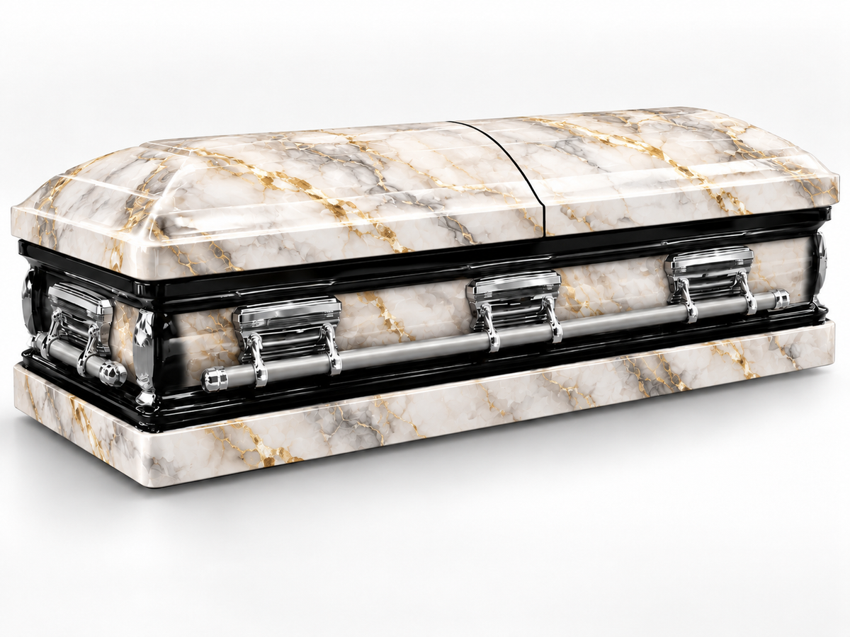 White Gold Marble printed casket wrap kit digital studio rendering; casket and installation not included.