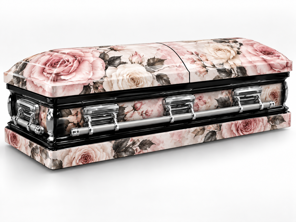 Soft Blush Rose printed casket wrap kit digital studio rendering; casket and installation not included.