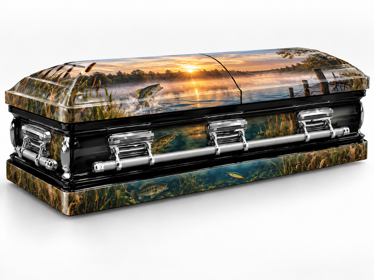 Sunrise Fishing printed casket wrap kit digital studio rendering; casket and installation not included.