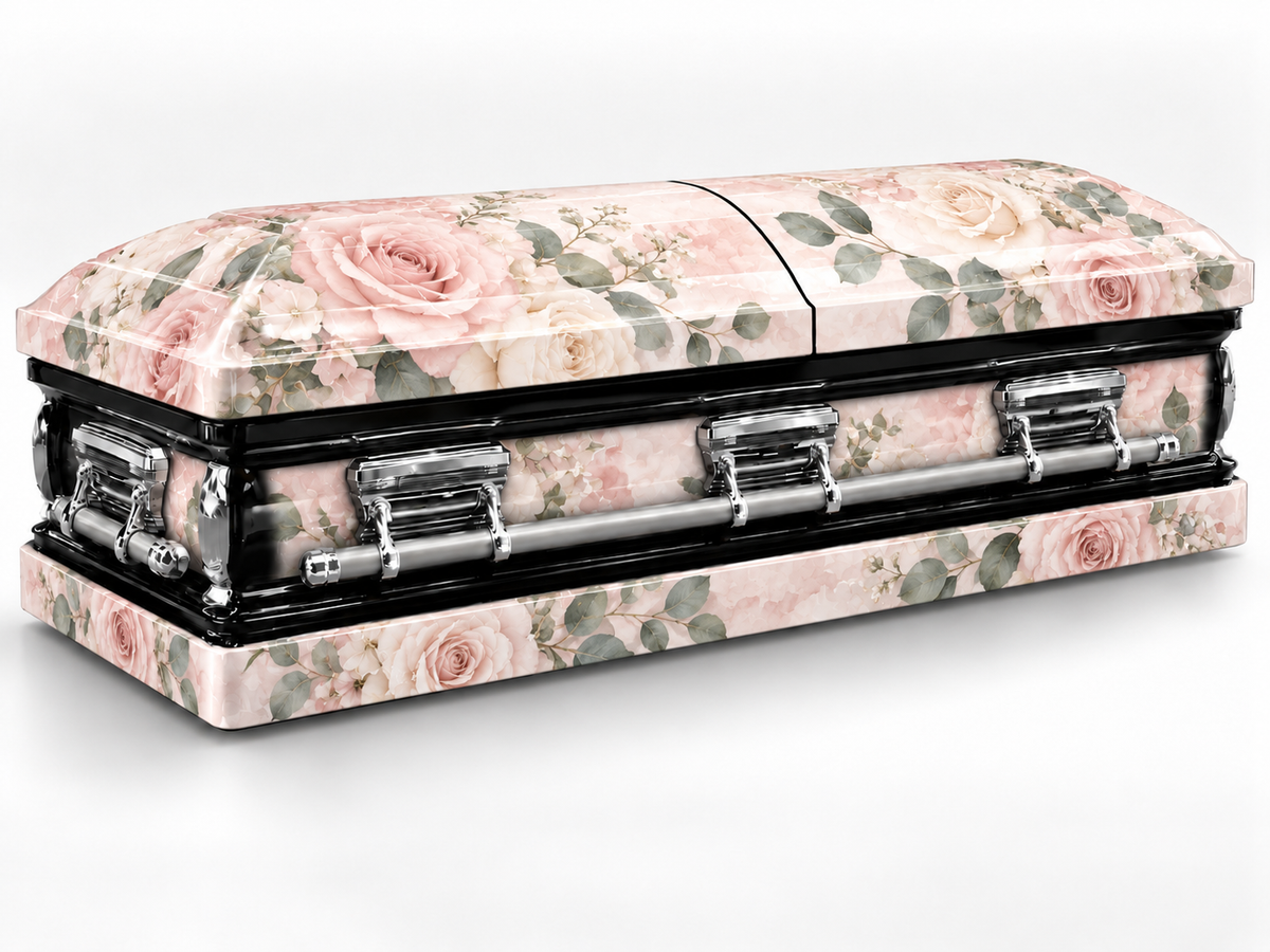 Rosewater Botanical printed casket wrap kit digital studio rendering; casket and installation not included.