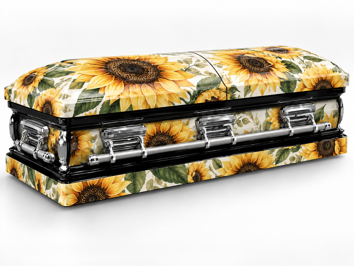 Golden Sunflower printed casket wrap kit digital studio rendering; casket and installation not included.