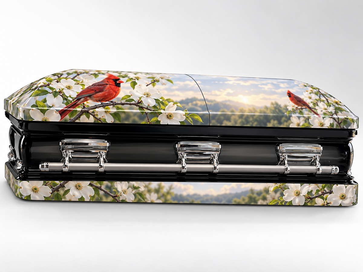 Cardinal Garden printed casket wrap kit digital studio rendering; casket and installation not included.