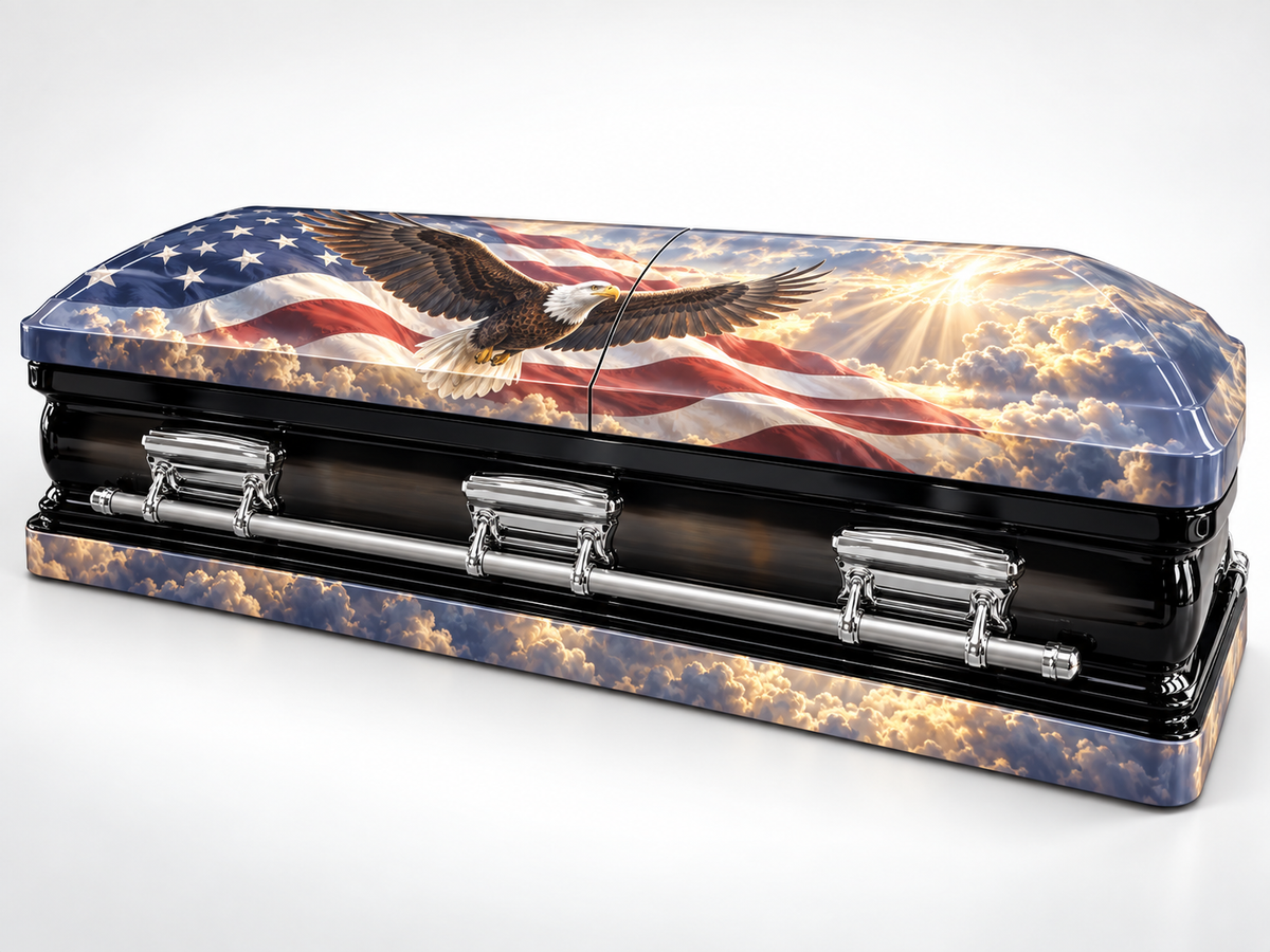 Eagle Banner Honor printed casket wrap kit digital studio rendering; casket and installation not included.