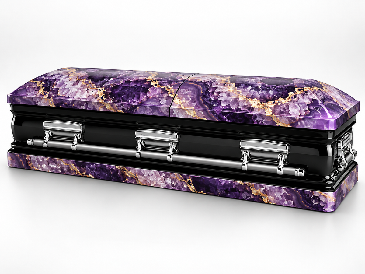 Royal Amethyst printed casket wrap kit digital studio rendering; casket and installation not included.