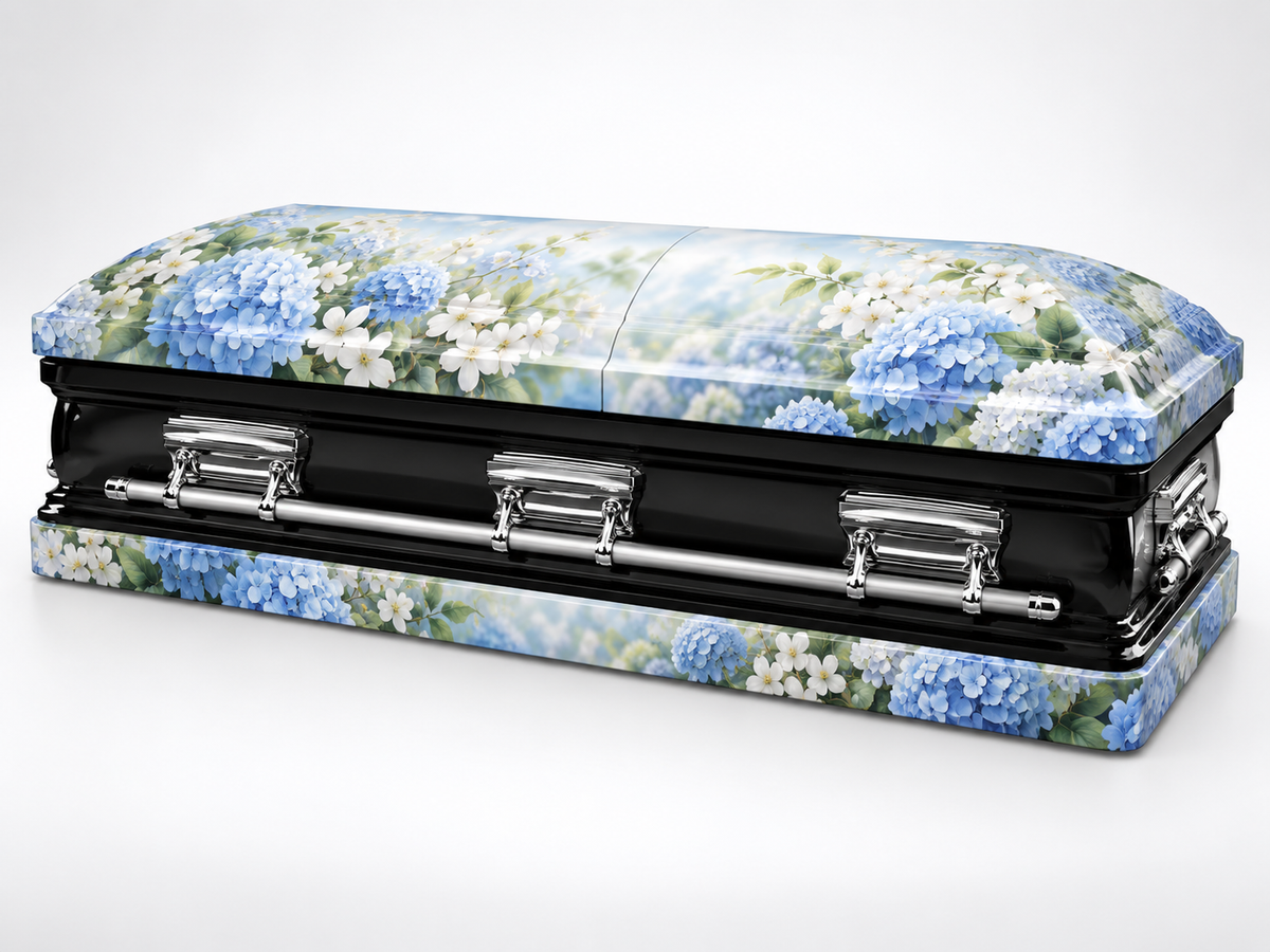 Hydrangea Pearl printed casket wrap kit digital studio rendering; casket and installation not included.