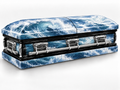 Ocean Wave printed wrap kit — digital casket rendering with visible chrome handles; casket and installation not included.