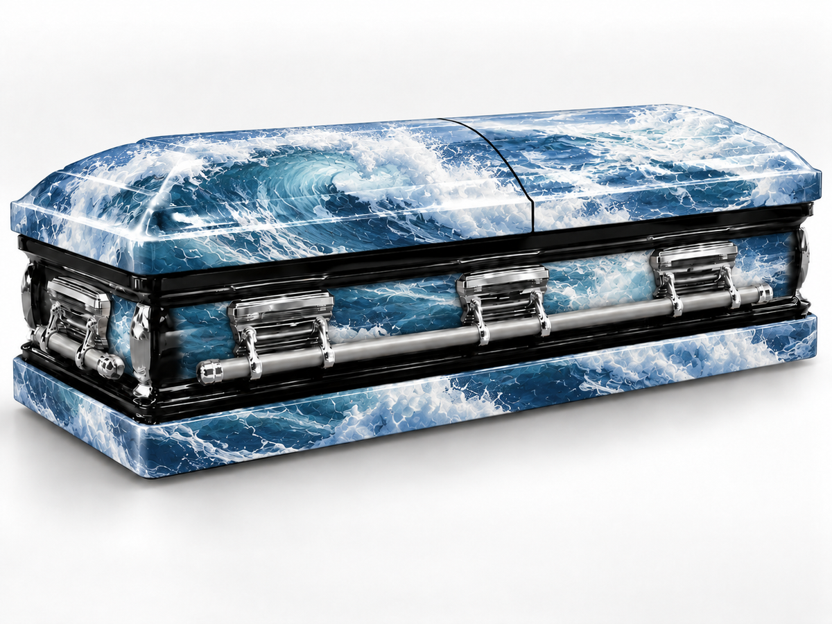 Ocean Wave printed wrap kit — digital casket rendering with visible chrome handles; casket and installation not included.