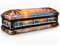 Tropical Sunset printed casket wrap kit digital studio rendering with chrome handles; casket and installation not included.