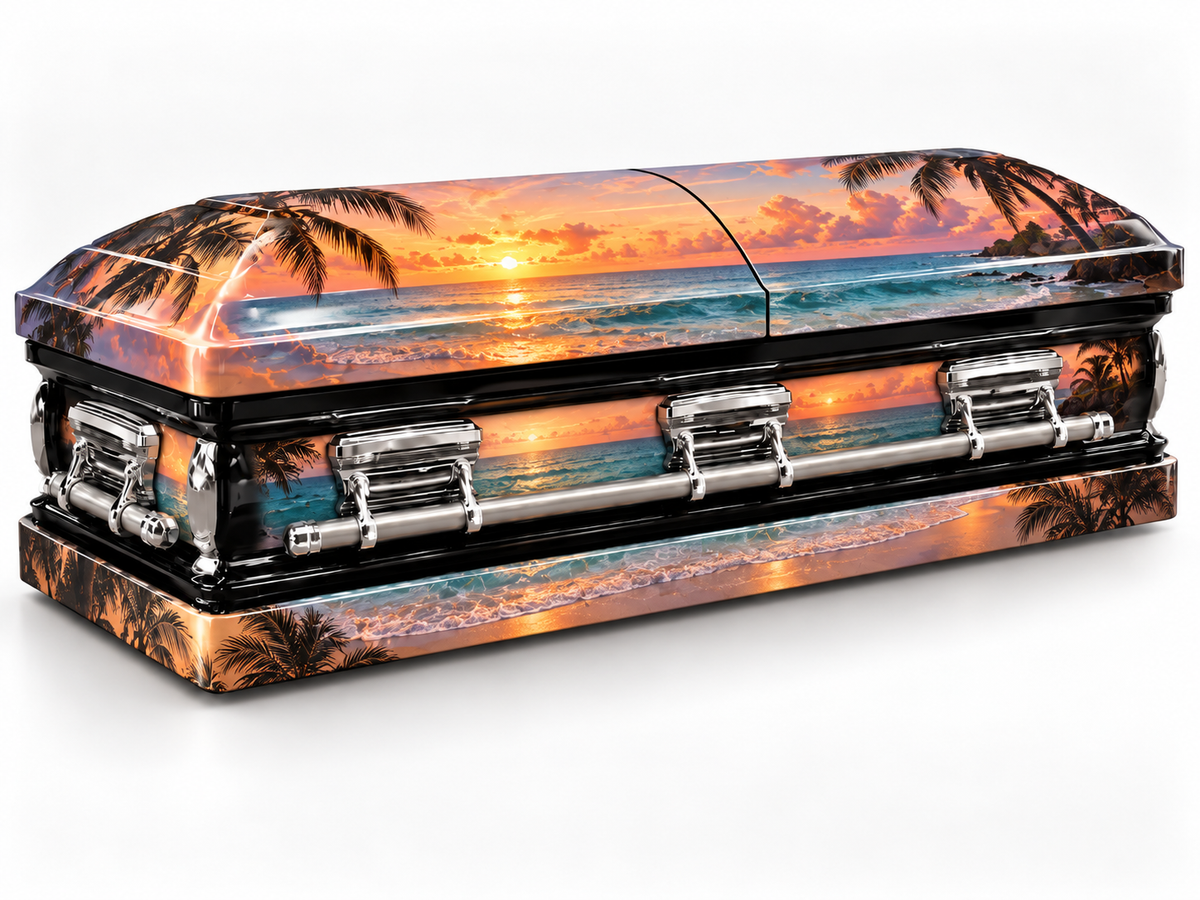 Tropical Sunset printed casket wrap kit digital studio rendering with chrome handles; casket and installation not included.