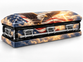Patriotic Eagle printed wrap kit — digital casket rendering with visible chrome handles; casket and installation not included.